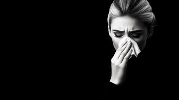 A woman is blowing her nose with a tissue. The image is black and white. The woman's face is the main focus of the image photo