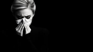A woman with a tissue in her hand, looking sad. The image is black and white. The woman is wearing a mask, which suggests that she might be sick or trying to prevent the spread of germs photo