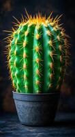 A cactus is in a black pot on a dark background. The cactus is green and has yellow spikes photo
