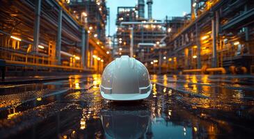 A white hard hat is sitting on a wet surface. Concept of danger and caution, as the hard hat is typically worn in hazardous work environments. The wet surface adds to the overall mood of the scene photo