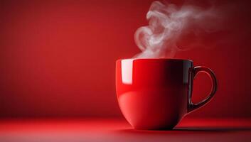A red coffee cup with steam coming out of it. The steam is rising from the cup and filling the air photo