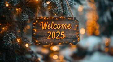 A sign hanging from a tree that says Welcome to 2025. The sign is lit up with lights, giving it a festive and welcoming atmosphere photo