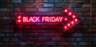 A neon sign pointing to Black Friday. The sign is lit up in red and is on a brick wall photo