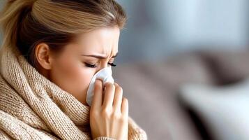 A woman with a runny nose is holding a tissue to her face. She is wearing a scarf and she is sick photo