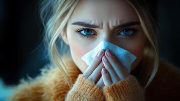 A woman with a tissue in her hand, looking at the camera. Concept of discomfort and illness, as the woman is suffering from a cold or allergies photo