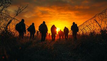 A group of soldiers are walking in a field at sunset. Scene is somber and serious, as the soldiers are likely on a mission or training exercise. The sunset adds a sense of calmness to the scene photo