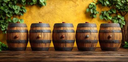 Five barrels of wood are lined up on a wooden table. The barrels are all different sizes and have a rustic, old-fashioned appearance. Concept of nostalgia and a connection to the past photo