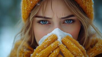 A woman with blue eyes is wearing a yellow hat and gloves and is blowing her nose. Concept of discomfort and illness, as the woman is clearly suffering from a cold photo