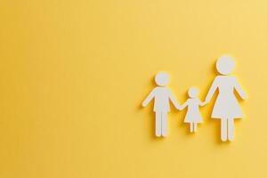 A woman holding a child and a child holding a woman. The image is on a yellow background photo