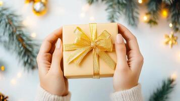 A person is holding a gold wrapped gift box with a gold ribbon. The box is placed on a white background with a Christmas tree and lights in the background. Concept of warmth and joy photo