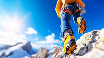 A person in a yellow jacket is climbing a mountain with a rope. The person is wearing yellow boots and orange pants photo
