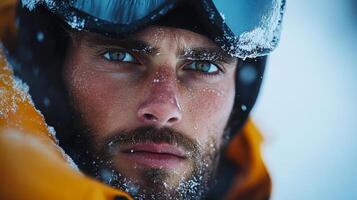 A man with a beard and glasses is wearing a yellow jacket and goggles. He looks tired and cold photo