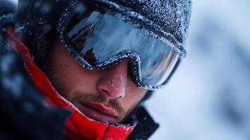 A man wearing a red jacket and goggles is standing in the snow. He looks cold and tired, but determined to continue skiing photo
