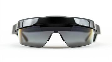 A pair of sunglasses with a black frame and a silver tint. The sunglasses are on a white background photo
