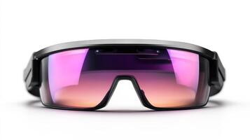 A pair of sunglasses with a purple tint. The sunglasses are black and have a purple tint. The sunglasses are on a white background photo