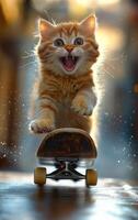 A kitten is riding a skateboard and making a funny face. The image is playful and lighthearted, capturing the joy and excitement of a young animal learning to skateboard photo