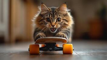 A cat is riding a skateboard with its mouth open. The cat is looking at the camera and he is enjoying the ride photo