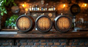 Three wooden barrels are on a wooden counter in a bar. The barrels are brown and have a rustic appearance. The bar has a brick wall and a potted plant in the background photo