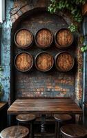 A rustic brick wall with wooden barrels and a wooden table with six stools. The atmosphere is cozy and inviting photo