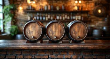 Three wooden barrels are on a wooden counter in a bar. The barrels are wooden and have a rustic appearance. The bar has a brick wall and a potted plant in the background photo