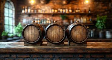 Three wooden barrels are on a wooden counter in front of a brick wall. The barrels are empty and the counter is empty photo