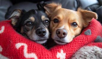 Two dogs are cuddled up in a red blanket. The dogs are small and brown. The blanket is red and has a pattern. The dogs seem to be enjoying each other's company photo