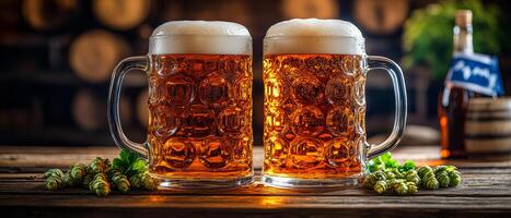 Two full glasses of beer on a wooden table with a bottle of liquor next to them. Scene is relaxed and casual, as the glasses of beer are full and ready to be enjoyed photo
