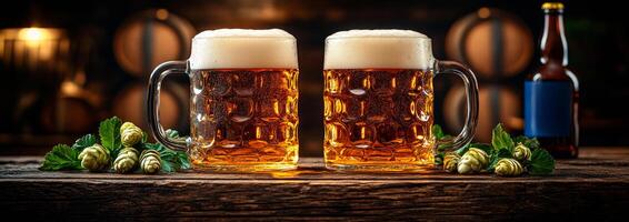 Two mugs of beer are on a wooden table with a bottle of beer next to them. The mugs are filled with foam and the bottle is half full. The scene conveys a relaxed and casual atmosphere photo