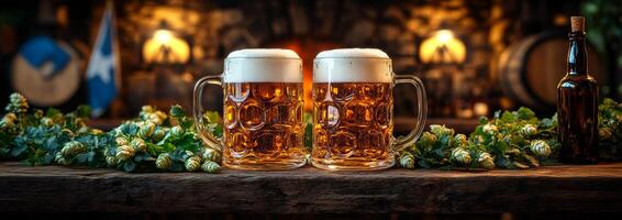 Two mugs of beer are on a table next to a fireplace. The mugs are filled with foam and the table is made of wood photo