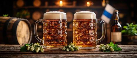 Two mugs of beer are on a wooden table with a bunch of green plants. Scene is relaxed and casual, as it seems like a gathering of friends or family enjoying a drink together photo