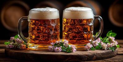 Two mugs of beer are on a wooden table with flowers in the background. Scene is relaxed and casual, as the mugs and flowers suggest a laid-back atmosphere photo