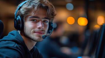 A man wearing headphones and a microphone is smiling. He is wearing a black hoodie and he is in a relaxed and comfortable mood photo