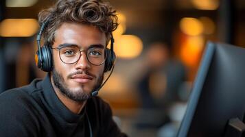 A man wearing glasses and a headset is sitting in front of a computer monitor. He is focused on his work, possibly engaged in a conference or a phone call photo