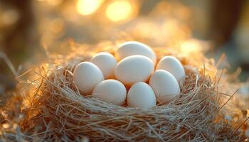 A nest of eggs is sitting on a straw-like material. The eggs are white and appear to be fresh. The nest is small and cozy, providing a safe and comfortable environment for the eggs photo