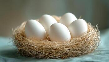 A nest of eggs sits on a table. The eggs are white and appear to be fresh. The nest is made of straw and is arranged in a circular pattern photo