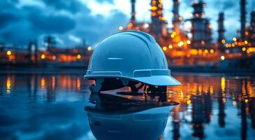 A white hard hat is sitting on the water. The reflection of the hat and the surrounding area creates a mood of industrial work and the importance of safety in such environments photo