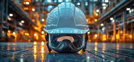A white hard hat is on the ground in front of a building. The image has a mood of industrial or construction work photo