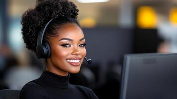 A woman wearing a headset and smiling at the camera. She is a customer service representative. The image conveys a positive and friendly atmosphere photo