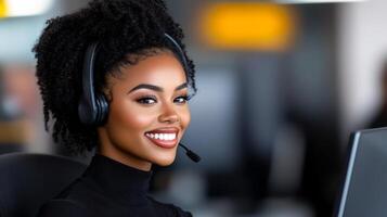 A woman wearing a headset and smiling. She is a customer service representative. The image conveys a positive and friendly atmosphere photo