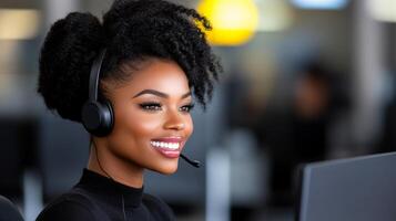 A woman wearing a headset and smiling. She is a customer service representative. The image conveys a positive and friendly atmosphere photo