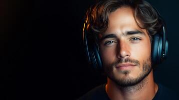 A man with a beard and glasses is wearing headphones. He is smiling and looking at the camera photo