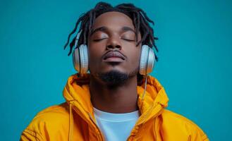 A man wearing headphones and a yellow jacket is sitting on a blue background. The man is in a relaxed state, possibly listening to music or enjoying some quiet time photo