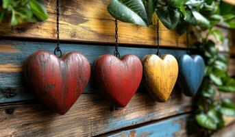 A row of wooden hearts hanging from a wall. The hearts are of different colors and sizes. Concept of warmth and love, as the hearts are arranged in a row, suggesting unity and togetherness photo