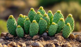 A group of cactus plants with green flowers and brown stems. The cactus plants are arranged in a row and are surrounded by rocks. Concept of resilience and strength photo