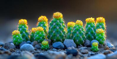 A group of cacti with yellow flowers are growing on a rocky surface. The cacti are small and green, with some having yellow flowers. The image has a natural and peaceful feel to it photo