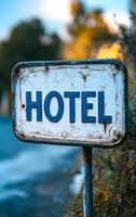 A sign that says HOTEL is on a metal pole. The sign is rusted and has a blue border. The sign is on a road, and the background is a mix of trees and bushes photo