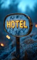 A sign that says HOTEL is lit up in the dark. The sign is surrounded by snow and he is in a forest photo