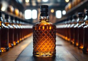 A bottle of liquor is displayed in a row of other bottles. The bottle is tall and slender, with a clear glass body and a black cap. Concept of sophistication and elegance photo