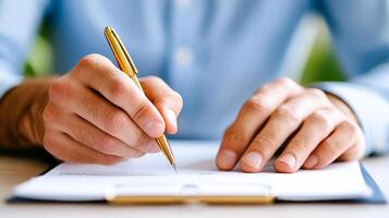 A man is writing with a pen on a piece of paper. Concept of focus and determination as the man puts his thoughts onto paper. The act of writing can be seen as a form of self-expression photo