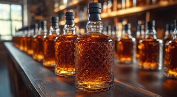 A row of liquor bottles are lined up on a wooden counter. The bottles are all different sizes and shapes, but they all have a similar design. The scene gives off a warm and inviting atmosphere photo